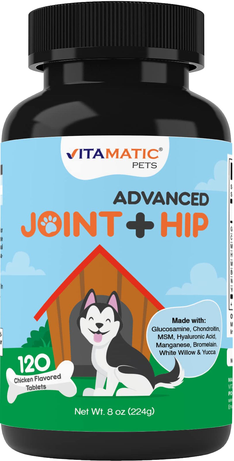 Vitamatic Maximum Strength Joint & Hip Health Supplement for Dogs - 120 Chicken Flavored Tablets - Made with: Glucosamine, Chondroitin, MSM, Hyaluronic Acid, Manganese, Bromelain. White Willow & Yucca - BeesActive Australia