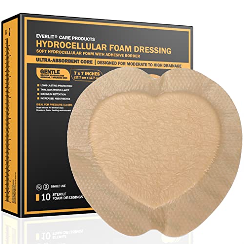 EVERLIT Sacrum Silicone Foam Dressing | Highly-Absorbent Waterproof Sacral Bandage Pad for Bed Sore Pressure Ulcer Wound Care | Sterile Adhesive Dressing for Chronic Wounds (7" x 7" | 10 Pack) 7" x 7" | 10 Pack