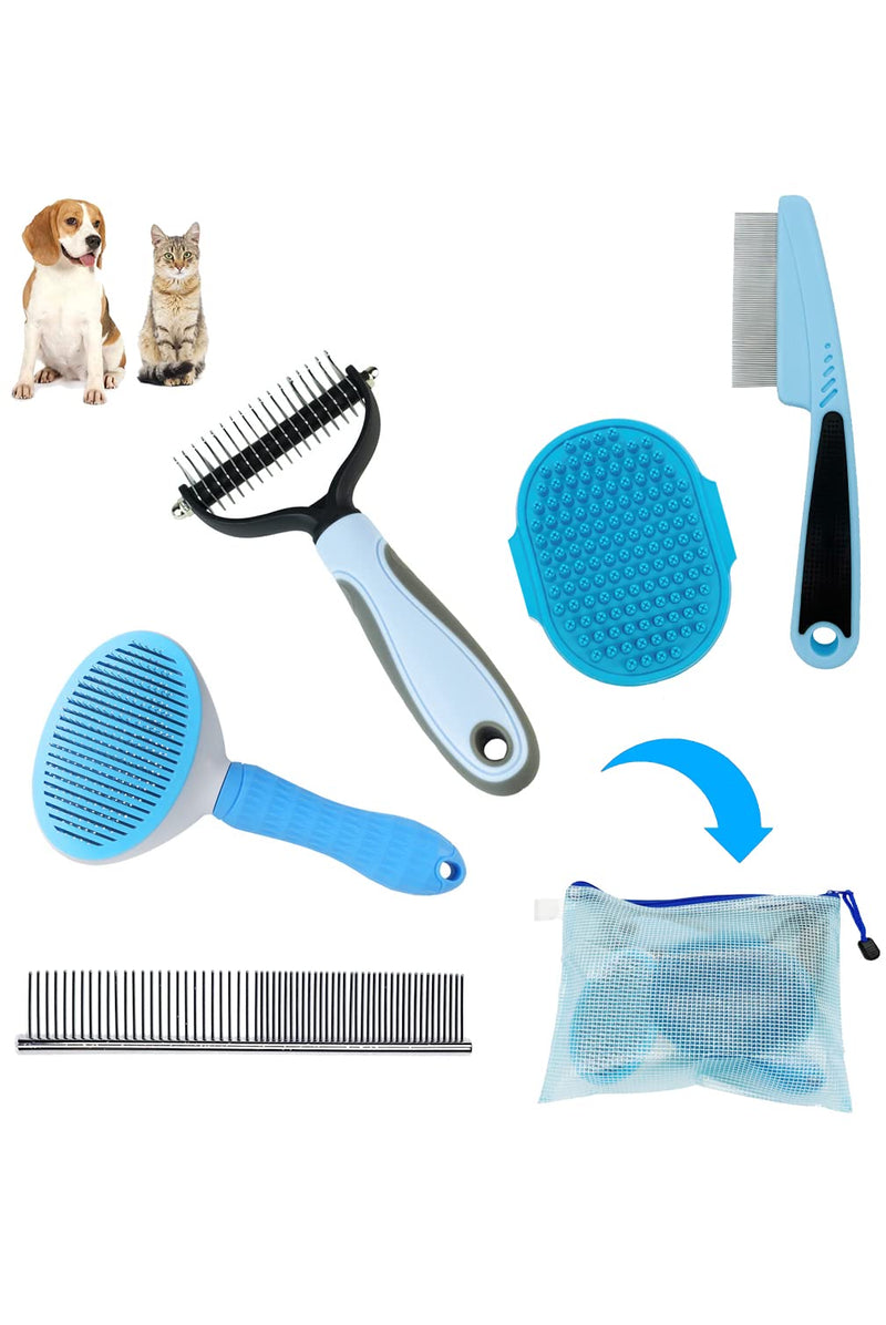 Dog Grooming Kit - 5 Pieces: Slicker Brush, Shedding Brush, Puppy Brush, Flea Comb, and Detangler Hair Brush Set in Blue B-Blue 5 Kits - BeesActive Australia