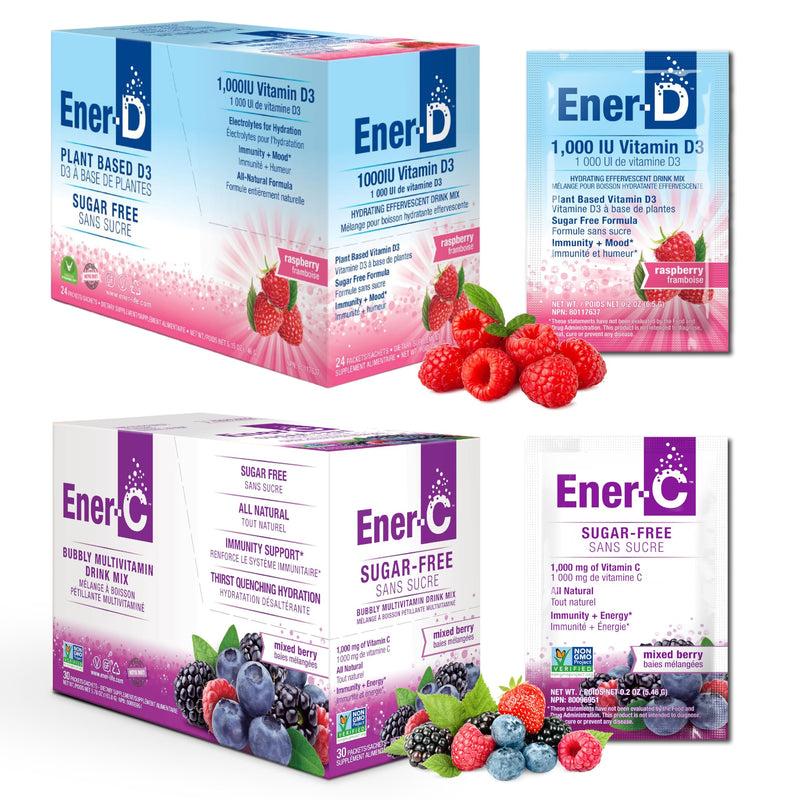 Ener-C Mixed Berry & Ener-D Raspberry Multivitamin Drink Mix, 54 Count | Vitamin Powder for Water, Electrolytes Powder, Hydration Boost Packets, Zero Sugar, Vitamin C & D3 60 Count (Pack of 1)