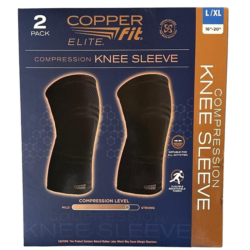 Copper Fit Elite Knee Compression Sleeve Knee Brace 2-Pack, Black (Large/X-Large, 16''-20''),2.0 Count Large/X-Large 2 Pack