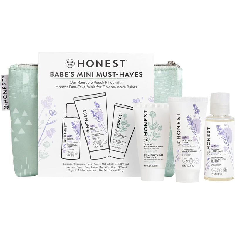 The Honest Company Babe's Mini Must Haves Gift Set | Travel Size Lavender Shampoo + Body Wash (2 fl oz), Face + Body Lotion (1 fl oz), Organic All Purpose Balm (.75 oz), Reusable Pouch - BeesActive Australia