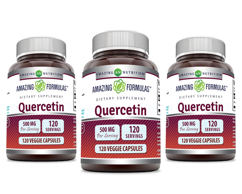 Amazing Formulas Quercetin 500mg Veggie Capsules Supplement | Non-GMO | Gluten Free | Supports Overall Health & Well Being (120 Count | 3 Pack) 120 Count | 3 Pack