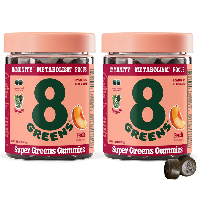8Greens Daily Greens Gummies, Peach, 100 Count | Spinach, Wheatgrass, Blue Green Algae, Spirulina, Aloe Vera, Chlorella, and Barley Grass; For Metabolism, Immunity & Focus 100 Count (Pack of 2)