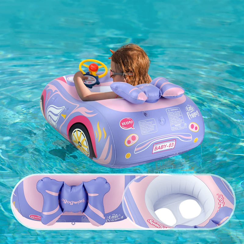 Baby Pool Float with 3D Car Design, PVC Baby Swim Float, Toddler Pool Float, Swimming Floats Seat Boat Pool Toys with Steering Wheel for 12-18, 12-24 Months, Age 2-3, 3+ Years Girl Boy Pink