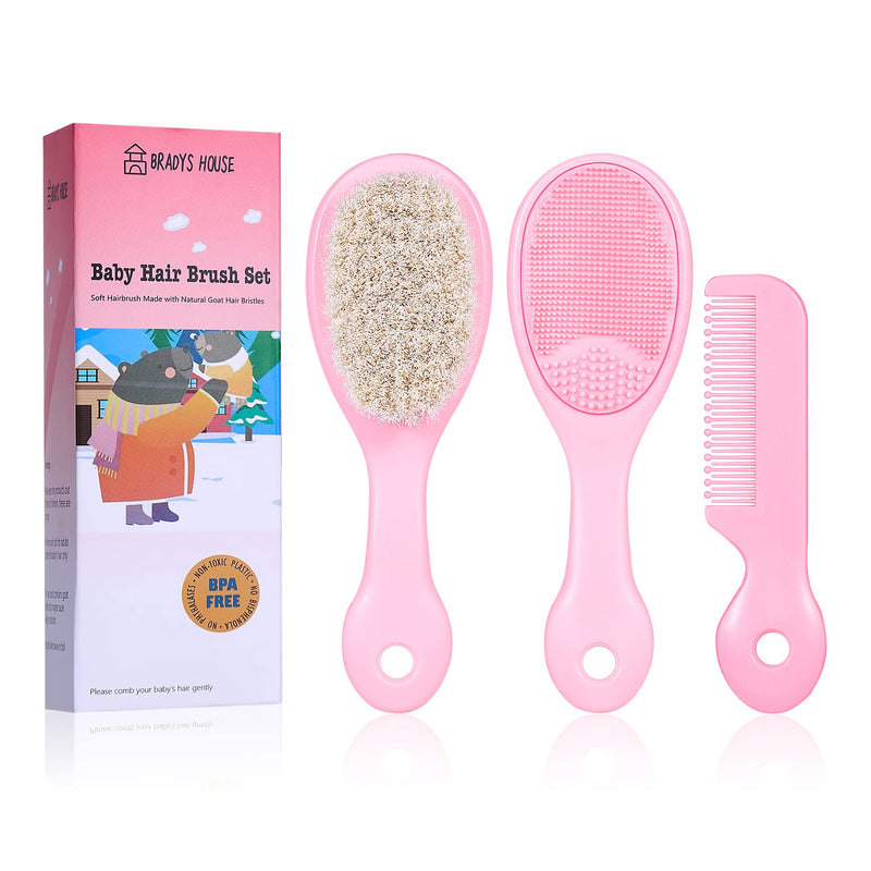 3 Piece Baby Hair Brush and Comb Set for Newborns and Toddlers (Pink)