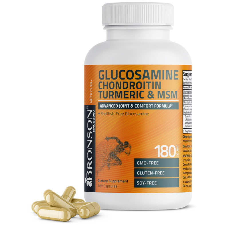 Bronson Glucosamine Chondroitin Turmeric & MSM Joint Support, 180 Capsules | Standardized Boswellia, Shellfish-Free Glucosamine, Mobility & Comfort Support, Non-GMO, Gluten-Free & Soy-Free 180 Count (Pack of 1)