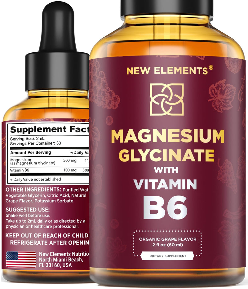 Liquid Magnesium Glycinate Drops with Vitamin B6 - Magnesium Supplement 500mg & Vitamin B6 100mg | Non-GMO No Gluten | Stress Relief | Sleep & Relaxation | Muscle & Heart Support | Natural & Vegan