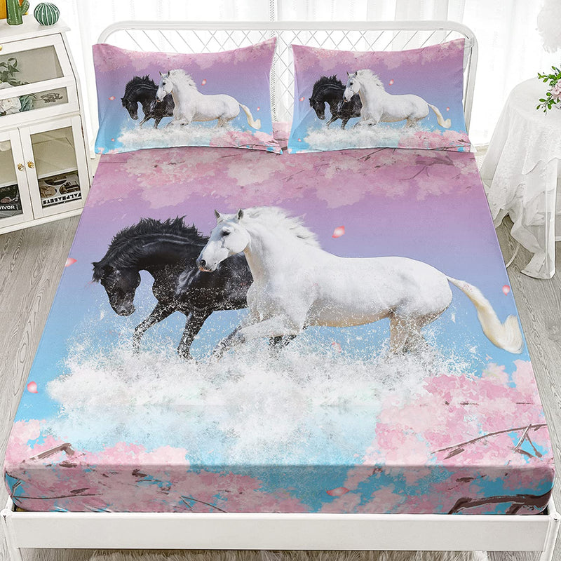Kids Horse Sheet Set Galloping Horse Printed Fitted Sheet 3PC Cherry Blossoms Petal Bedding Set 3D Wild Animal Bed Cover for Kids Boys Girls Multi1 Twin - BeesActive Australia
