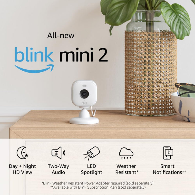 All-new Blink Mini 2 — Plug-in smart security camera, HD night view in color, built-in spotlight, two-way audio, motion detection, Works with Alexa (White) White Mini 2 without Weather Resistant Adapter 1 Camera - BeesActive Australia