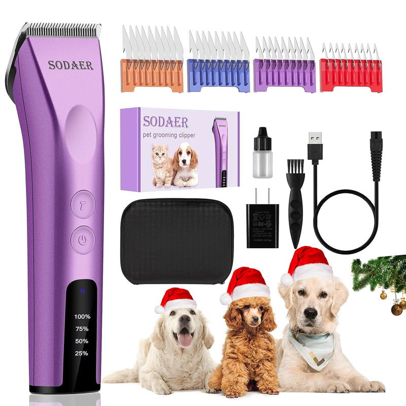 Professional Animal Pet Dog Cat and Horse Cordless Hair Clipper Grooming Kit with 5 in 1 Blade Low Noise & High Power Rechargeable Cordless Pet Grooming Clipper for Thick Heavy Coats -Purple Purple - BeesActive Australia