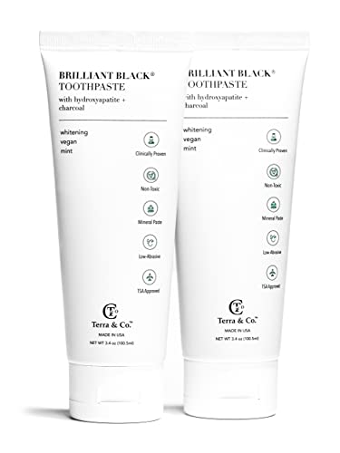 Terra & Co. Brilliant Black Hydroxyapatite Toothpaste for Whitening Teeth – USA-Made - Natural Remineralizing Toothpaste, Fluoride-Free, Vegan, SLS-Free, Low Abrasion – Mint, 3.4 oz Whitening - Mint 3.4 Ounce (Pack of 2)