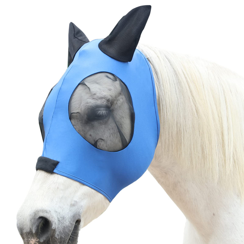 Horse Fly Mask, Fly Masks for Horses with Ears, Super Comfort & Stretchy Fitting Lycra Equine Fly Mask Blue Full Blue(B)