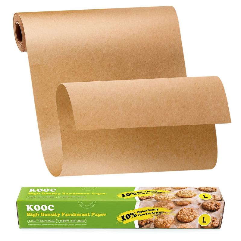 KOOC Premium 60-Feet Parchment Paper Roll - 12-Inch Width, Non-Stick, Unbleached Baking Paper - Ideal for Baking, Cooking, and Food Preparation - 60 Square Feet Coverage - Compostable, High Density 12 in x 60 ft L (12-Inch Width) - BeesActive Australia