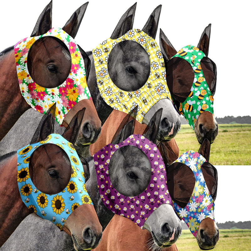 Chunful 6 Pcs Horse Fly Masks for Horses with Ears Smooth and Comfortable Fly Masks Cashel Fly Mask Elasticity Horse Face Mask Horse Masks Covering for Horses Riding Supplies(Medium, Floral) Medium - BeesActive Australia