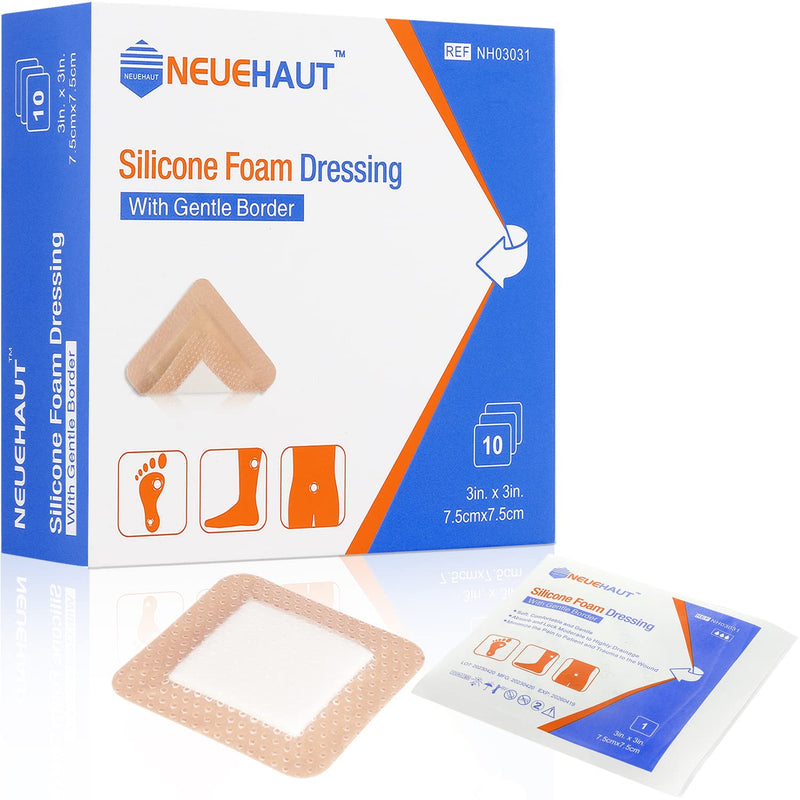 Silicone Adhesive Foam Dressing with Gentle Border 3''x3'', Bed Sore Pressure Ulcer Leg Ulcer Silicone Wound Bandage, High Absorbency Waterproof, 10 Pack by NeueHaut - BeesActive Australia