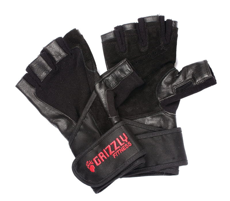 Grizzly Fitness Nytro Wrist Wrap Weightlifting Gloves for Men | Leather Gym Gloves with Wrist Support & Padded Palms Black Medium