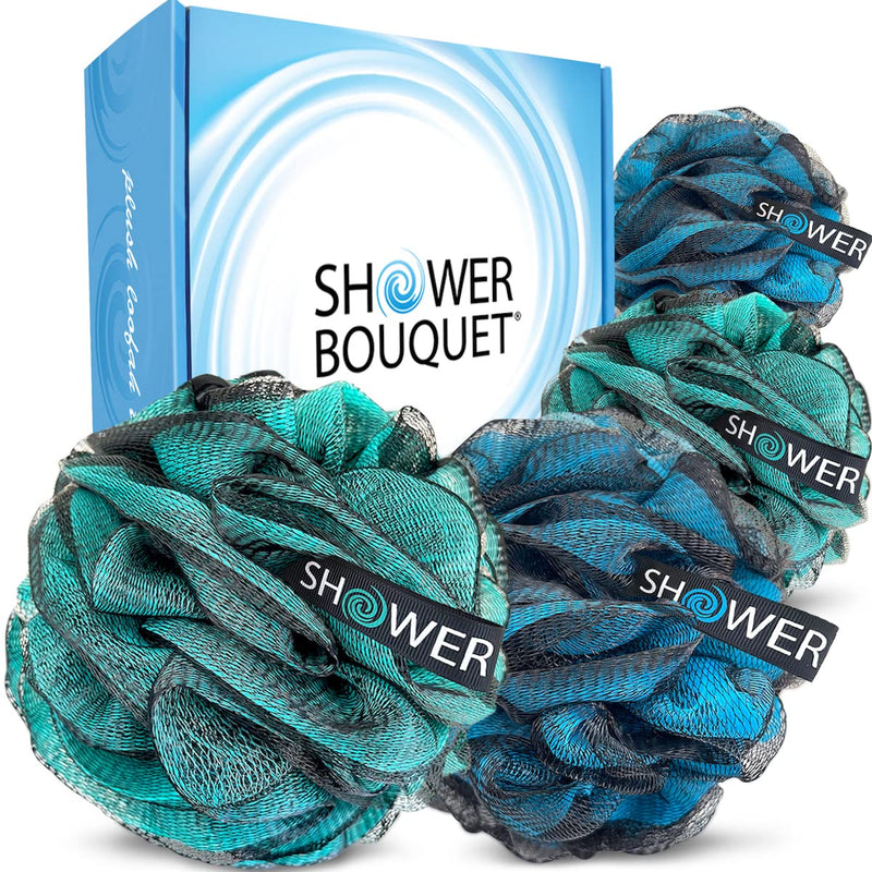 Loofah-Charcoal Bath-Sponge-Blue-Green XL-75g by Shower Bouquet - Extra Large 4 Pack, Soft Mesh Color Set, Black Bamboo Loufa Puff - Exfoliating Body Scrubber for Women and Men: Soothing Exfoliator Charcoal Blue & Green - BeesActive Australia