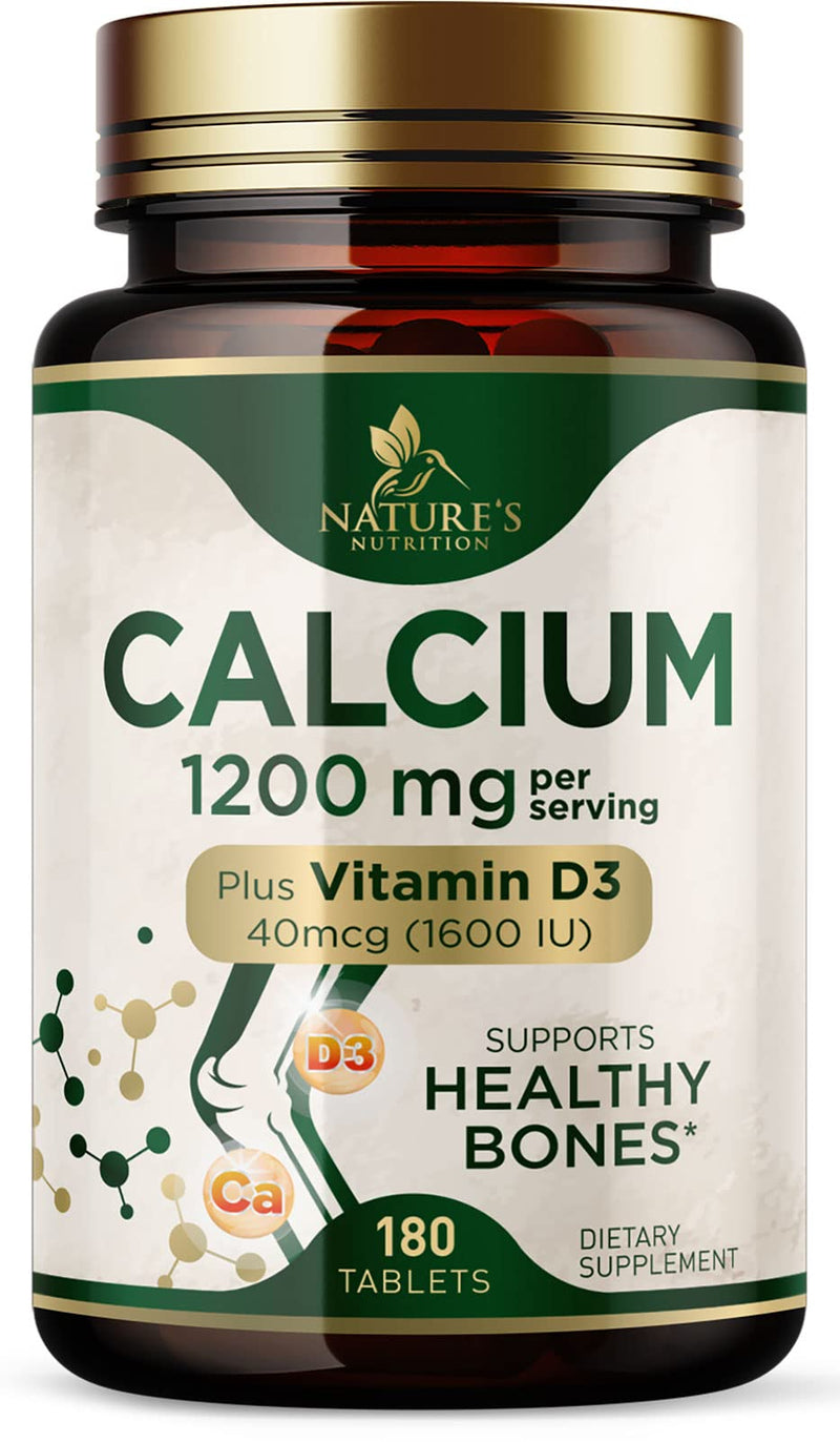 Calcium 1200 mg with Vitamin D3 - Bone Health Supplement, Vitamin D & Calcium Supplements for Women & Men - Bone Strength, Teeth & Immune Support, Nature's Calcium Pills, Bottled in USA - 180 Tablets 180 Count (Pack of 1)
