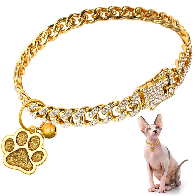 Hillban Cat Collar Diamond Chain Glitter Collar Walking Metal with Secure Buckle Cat Pet Necklace with Paw Charm Link Cuban Jewelry Accessories with ID Tag Bell(8 Inch,Gold) Gold 8 Inch - BeesActive Australia