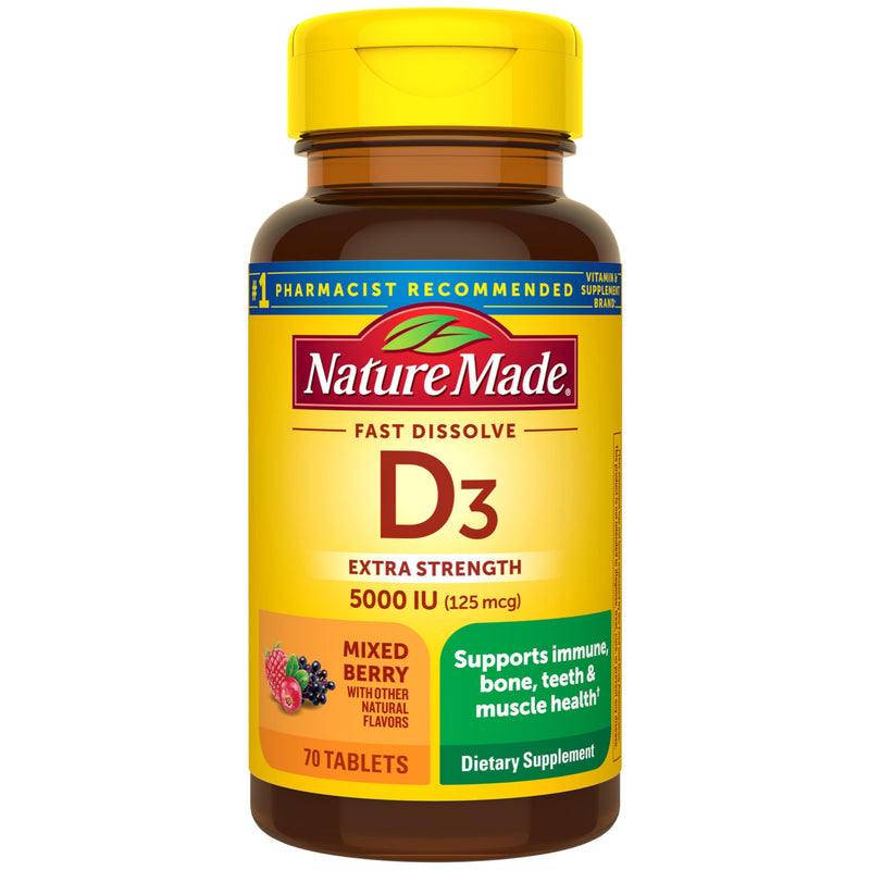 Nature Made Vitamin D3 5000 IU (125 mcg), 70 Fast Dissolve Tablets | Sugar Free, Extra Strength, Vitamin D Supplement for Immune Bone, Teeth and Muscle Health Support, 70 Day Supply 70 Count (Pack of 1)