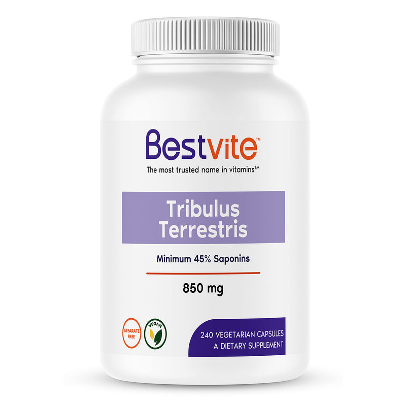 BESTVITE Tribulus Terrestris 850mg per Capsule (240 Vegetarian Capsules) - Standardized Extract - Min 45% Saponins - No Stearates - No Silicon Dioxide - No Fillers - Vegan - Non GMO - Gluten Free 240 Count (Pack of 1) - BeesActive Australia