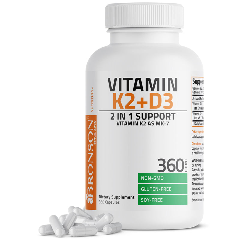 Bronson Vitamin K2 D3 (MK7) Supplement 2-in1 D3 & K2 Complex, 360 Capsules | Bone, Immune & Heart Health Support, Gluten Free, Soy Free, Non-GMO, Vitamin D3 5000IU (125 mcg) & 90 mcg K2 MK-7 360 Count (Pack of 1)