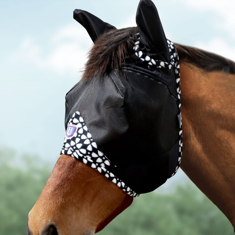 Harrison Howard Horse Fly Mask Half Face with Ears Fleece Edging with Attractive Patterns Adds More Flair Black Horse Large Horse (L) - BeesActive Australia