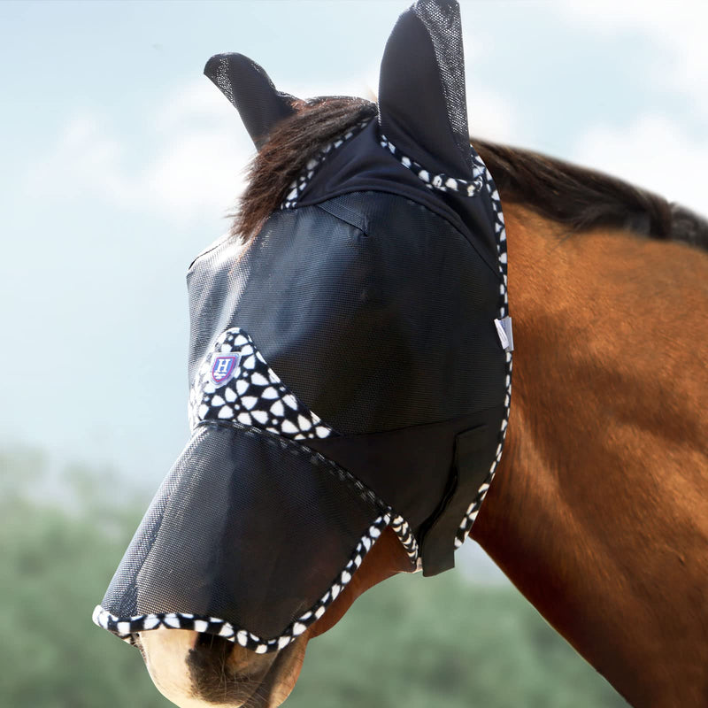 Harrison Howard Horse Fly Mask Long Nose with Ears Fleece Edging with Attractive Patterns Adds More Flair Black Arabian Medium Arabian (Medium) - BeesActive Australia