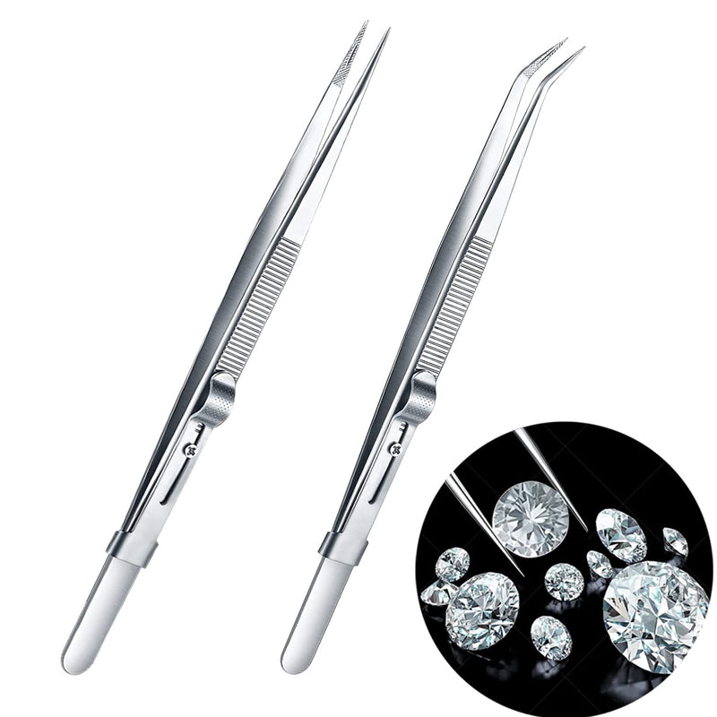 2 Pack Professional Diamond Tweezers Jewelry Gem Stone Tweezers Precision Tweezers Stainless Steel Slide Locking Non-slip Pointed Tip Tweezers with Slot for Jewelry Makeing Craft - BeesActive Australia