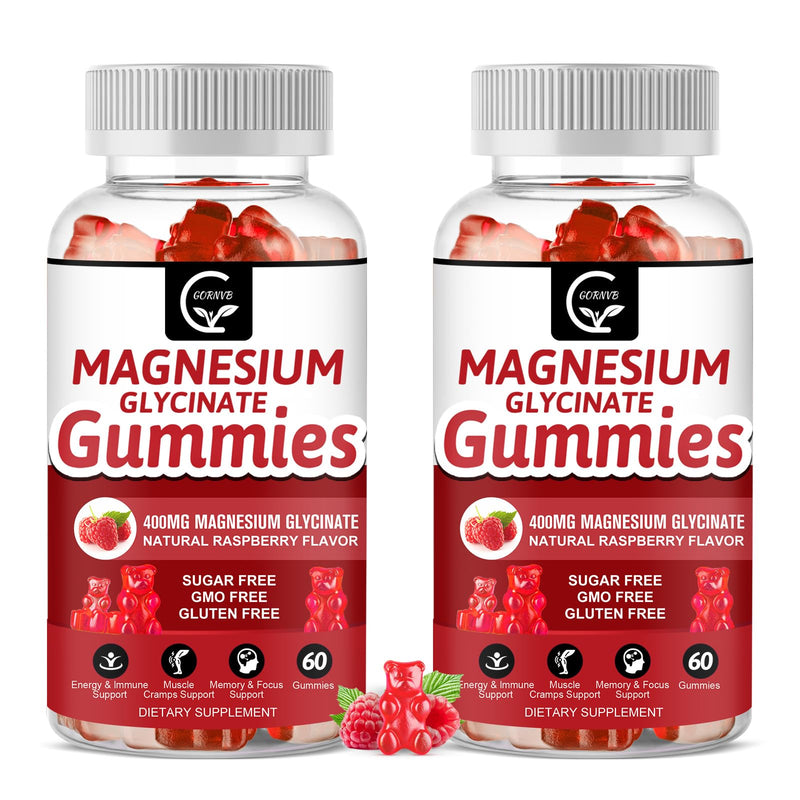 Magnesium Glycinate Gummies 400mg, Mg Potassium Supplement with Chelated Magnesium Malate Complex, Vitamin D, B6, and CoQ10, Supports for Memory, Calm, Mood & Sleep - 60 Count (Pack of 2) Raspberry 60 Count (Pack of 2)