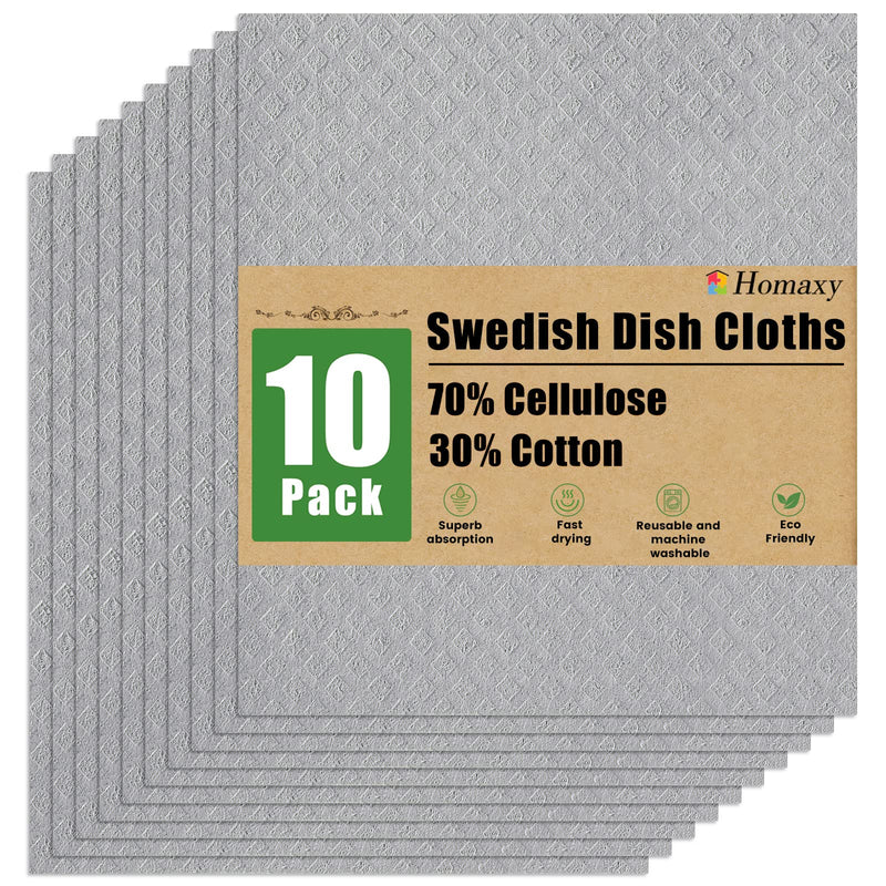 Homaxy Swedish Dishcloths for Kitchen, 10 Pack Reusable and Eco-Friendly Cellulose Sponge Cloths Dish Towels, Absorbent and No Odor Paper Towels for Dishes ＆ Counters, Grey Pack of 10 - BeesActive Australia