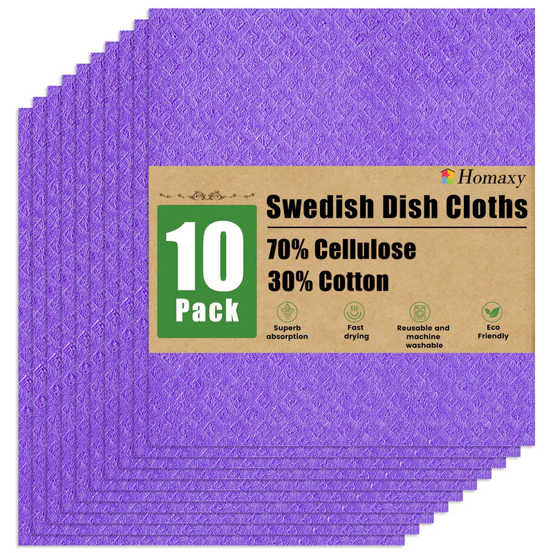 Homaxy Swedish Dishcloths for Kitchen, 10 Pack Reusable and Eco-Friendly Cellulose Sponge Cloths Dish Towels, Absorbent and No Odor Paper Towels for Dishes ＆ Counters, Purple Pack of 10 - BeesActive Australia