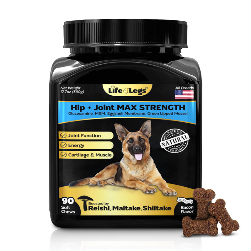 Soft Chews Hip and Joint Supplement for Dogs - Dog Joint Pain Relief Treats - Glucosamine, Chondroitin, Turmeric - Mobility Bites Supplement Hip and Joint Max Strength Bacon - 90 Soft Chews - BeesActive Australia
