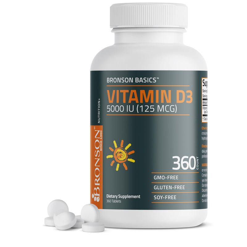 Bronson Vitamin D3 5000iu (125mcg) 1 Year Supply for Healthy Muscle Function and Immune Support, Non-GMO, 360 Tablets - BeesActive Australia