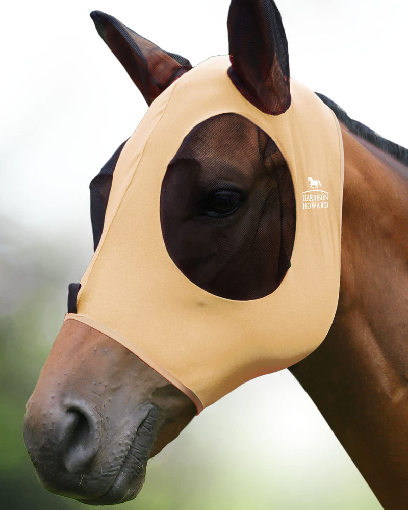 Harrison Howard Super Comfort Horse Fly Mask Elasticity Fly Mask with Ears UV Protection for Horse Champagne Gold L Full Size Full (Large) - BeesActive Australia