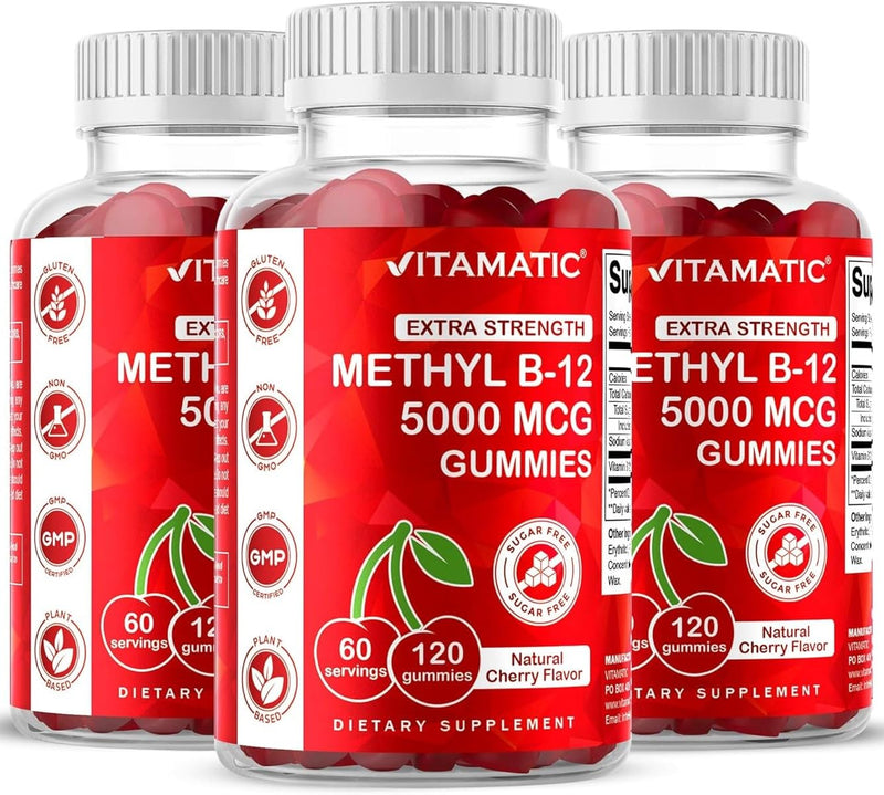 Vitamatic Methyl B12 5000 mcg, 120 Gummies, Natural Cherry Flavor - 3 Pack | Extra Strength, Energy Metabolism Support and Nervous System Health Support*, Non-GMO, Gluten Free