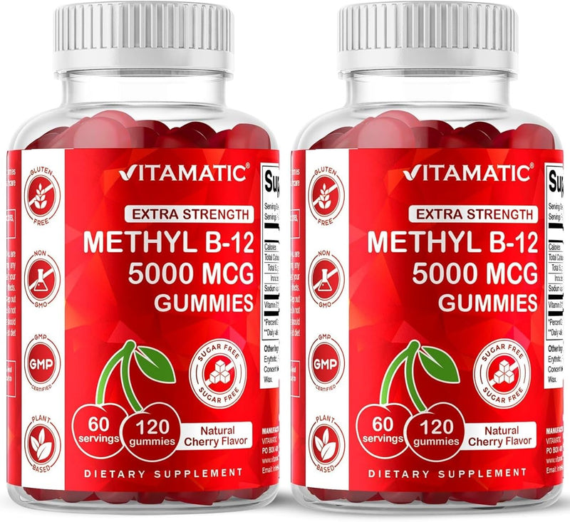 Vitamatic 2 Packs Extra Strength Vitamin B12 5000 mcg (Methyl B12) Gummies - 120 Count - Energy Metabolism Support and Nervous System Health Support, Natural Cherry Flavored | Extra Strength, Energy Metabolism Support and Nervous System Health Support*...