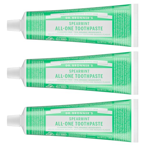 Dr. Bronner’s All-One Toothpaste Pack of 3– Spearmint, 5 oz– Fluoride-Free Toothpaste for Adults, SLS-Free, 70% Organic & Natural Ingredients, Vegan, Helps Freshen Breath & Reduce Plaque 5 Ounce (Pack of 3)