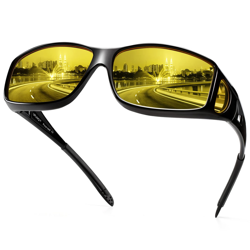 URUMQI Night Vision Driving Glasses Fit Over Glasses for Men Women, Anti Glare Polarized Nighttime Glasses HD Yellow Lens A08 Glossy Black Frame/Night Vision Lens - BeesActive Australia