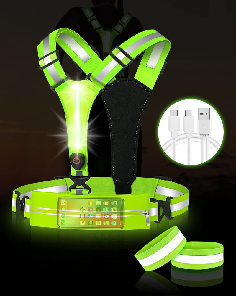 AKUSCON LED Reflective Running Vest Gear，USB Rechargeable Light Up Reflective Vest for Walking at Night, Adjustable Reflective Safety Vest for Men Women Include Mobile Waist Bag Reflective Bands Green A - BeesActive Australia