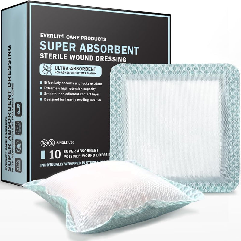 EVERLIT Super Absorbent Dressing for Wound Care | Nonstick Soft Surgical Gauze Pad for Heavily Exuding Wounds | Large Sterile Non-Adhesive Bandage for Fast Healing Wound Care | Pack of 10 (4" x 4") 4" x 4"
