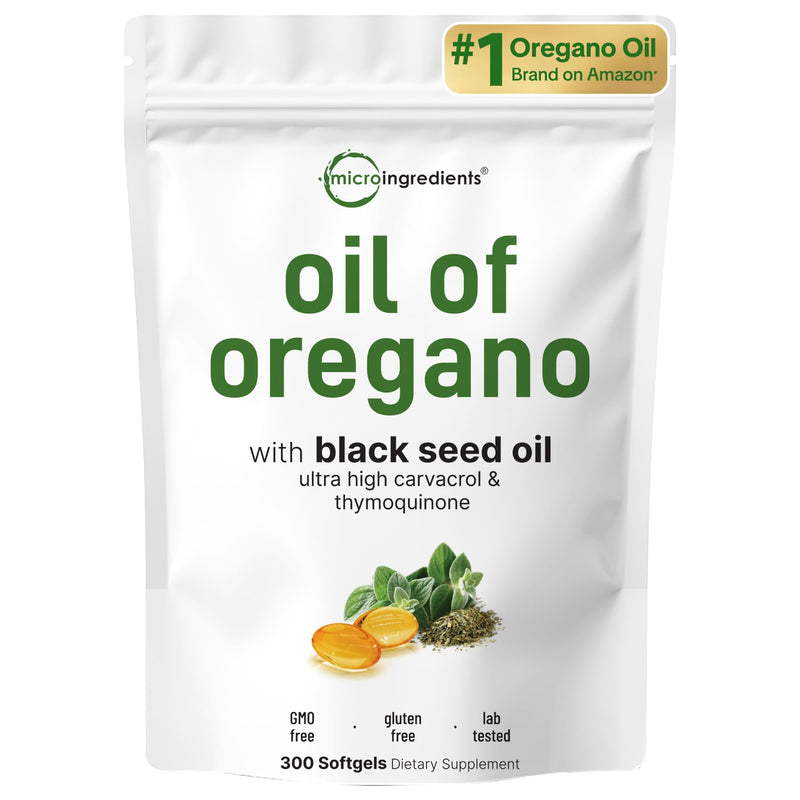 Micro Ingredients Oil of Oregano Softgels, 300 Count | 2 in 1 Formulated with Black Seed Oil, 4X Strength Carvacrol & Thymoquinone | Plant Based, Non-GMO, & Immune Support 300 Count (Pack of 1)