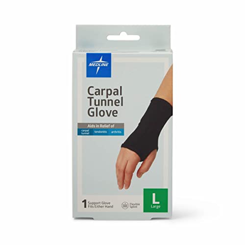 Medline Carpal Tunnel Gloves, Flexible Splint & Beaded Cushion, Size L, Breathable Cotton/Spandex, Black, 1 Each