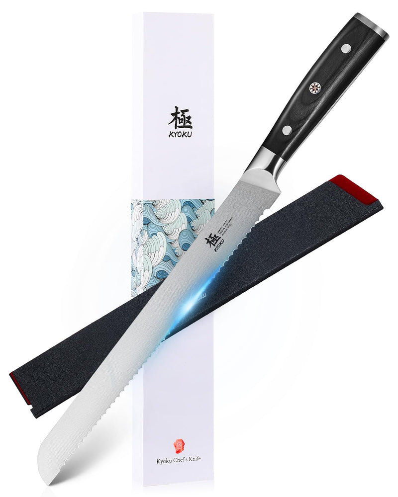 KYOKU 10" Serrated Bread Knife, Samurai Series Serrated Knife for Homemade Bread Pastries with Pakkawood Handle, Japanese High Carbon Steel Cake Knife, Full Tang Bread Cutting Knife with Sheath & Case - BeesActive Australia