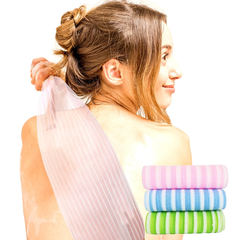 Exfoliating Back Scrubber Bath Wash Cloths - 35.5 x 11 inches Pack of 3 - Pink(Soft),Blue(Medium), Green(Frim) - Elastic, Durable and Gentle Body Scrub Cloth for Effective Cleaning - Korea Made 3 Colors (Light Blue, Natural Green, Elegant Pink) - BeesActive Australia