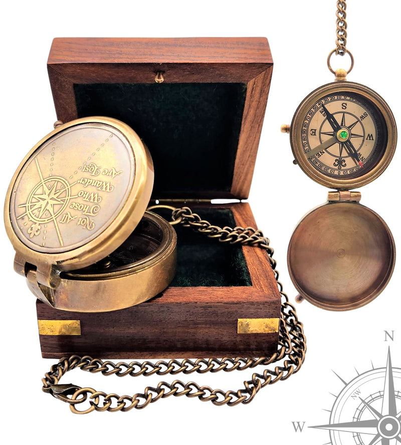 Carfar Nautical Compass Not All Those Who Wander are Lost Engraved Solid Brass Navigational Vintage Marine Compass with Wooden Box - BeesActive Australia