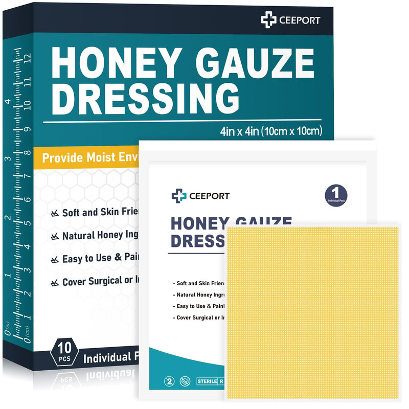Ceeport Manuka Honey Gauze Wound Dressing, 4" x 4", 10 Individual Pack Honey Gauze 4'' x 4'' - 10 Pack