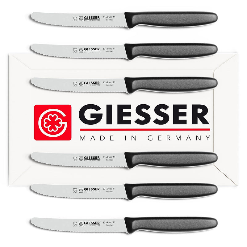 Giesser since 1779, Made in Germany, serrated Utility kitchen knives round tip dishwasher safe 4.5 inch - paring knife, Tomato knife, black steak knives set of 6, restaurant knife - BeesActive Australia