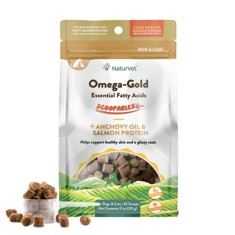 NaturVet Scoopables Omega-Gold Anchovy Oil & Salmon Supplement For Dogs and Cats - Supports Healthy Skin & Coat Plus DHA, EPA, Omega-3, & Omega-6 - Anchovy & Salmon Flavored For Dog and Cat | 11oz Bag 45 Scoops